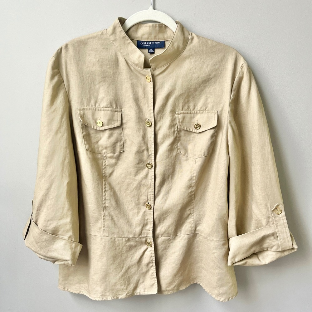 Jones New York Top Women's XL 100% Linen Tan Coastal Neutral Classic Office
